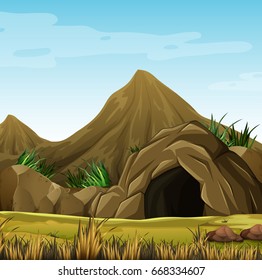 Scene With Cave In The Mountain Illustration