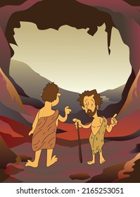 A scene of a cave with two men inside, from antiquity

