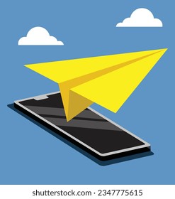 scene of a cell phone and a paper airplane, instant messaging concept 