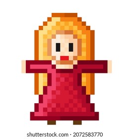 Scene character pixel art. Girl red dress pixel art. Vector illustration.