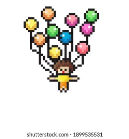 Scene character pixel art. Vector illustration. People floating with a balloon.