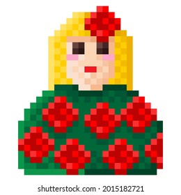Imagen de píxel de carácter de escena. Ilustración vectorial. Arte de píxel rosa y mujer.