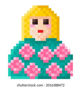 Scene character pixel art. Vector illustration. Woman and rose pixel art.