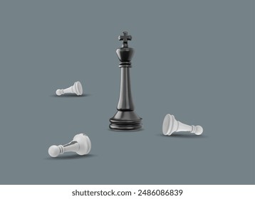 Scene of a chess duel. Vector 3D illustration of a black king and defeated white pawns on a blue background, demonstrating elements of strategic gameplay.