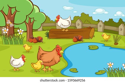 Scene with chickens in the park illustration