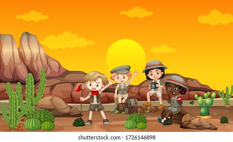 Scene with children camping out in the desert field illustration