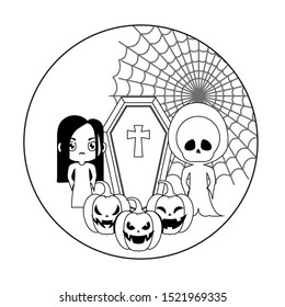 scene of children disguised with icons halloween vector illustration design