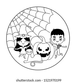 scene of children disguised with icons halloween vector illustration design