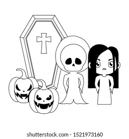 scene of children disguised with icons halloween vector illustration design