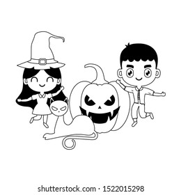 scene of children disguised with icons halloween vector illustration design