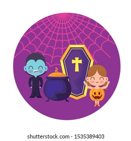 scene of children disguised with icons halloween vector illustration design