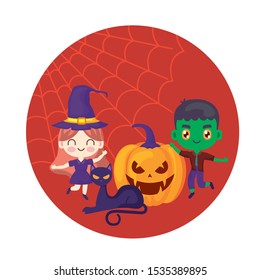 scene of children disguised with icons halloween vector illustration design