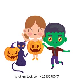 scene of children disguised with icons halloween vector illustration design