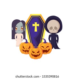 scene of children disguised with icons halloween vector illustration design