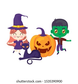 scene of children disguised with icons halloween vector illustration design