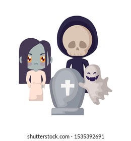 scene of children disguised with icons halloween vector illustration design