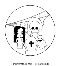 scene of children disguised with icons halloween vector illustration design