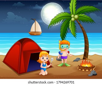 Scene with children having fun on the beach at night