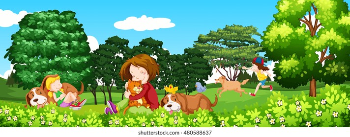 Scene with children and pet in the park illustration
