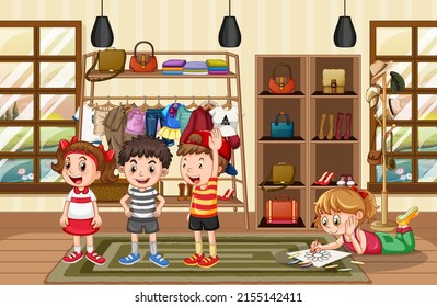 Scene with children playing indoor illustration