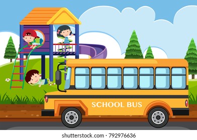 Scene with children playing in park and school bus illustration