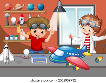 Scene with children repairing plane together illustration