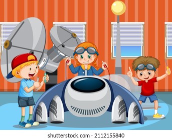 Scene with children repairing spaceship together  illustration