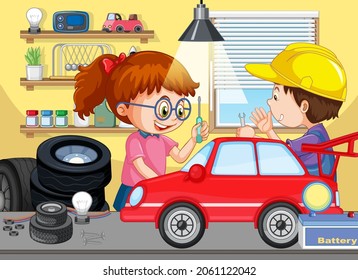 Scene with children repairing toy car together  illustration