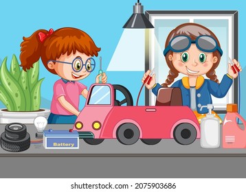 Scene with children repairing toy car together  illustration