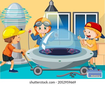 Scene with children repairing ufo together  illustration