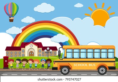 Scene with children and school bus on the road illustration