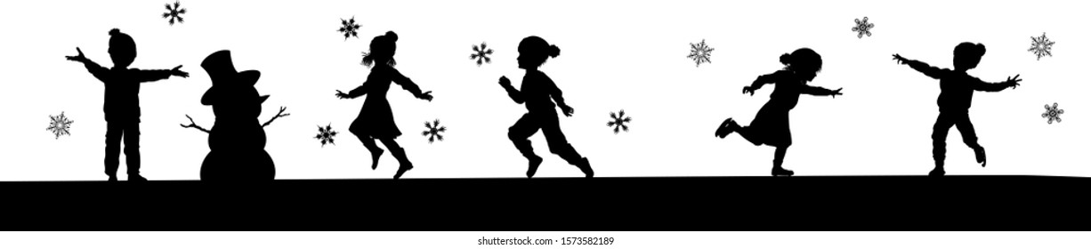 A scene of children in silhouette playing in Christmas or winter cold weather clothing making snowman, ice skating and running in the snow 