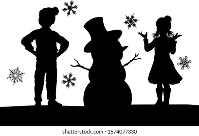 A scene of children in silhouette playing in Christmas or winter cold weather clothing making a snowman