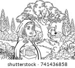 Scene from the childrens fairytale of  little red riding hood cartoon character holding her basket walking through the woods to gradmas house as the big bad wolf peeks from around a tree.