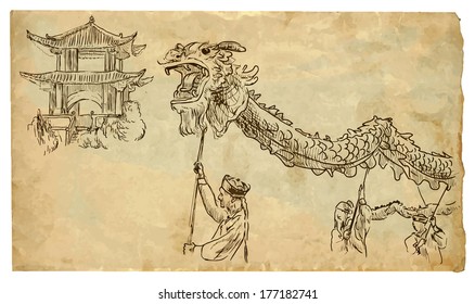 The scene of Chinese culture: Dragon parade. Vector hand drawn illustration (drawings on vintage paper in the bottom layer).