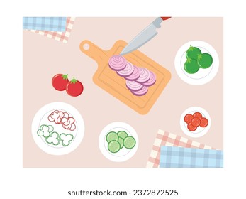 Scene of chopping shallots on a cutting board with a knife, and chopped tomatoes, cucumbers and peppers for cooking. Character design. Vector flat illustration