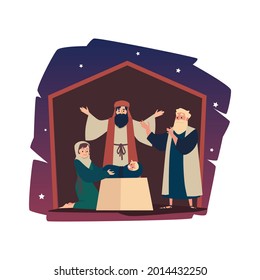 Scene of christianity biblical story - birth god Christ. Happy holy family Joseph and Mary with newborn baby Jesus. Holiday christmas card. Flat cartoon vector illustration.