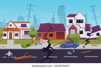 Escena con estilo plano de ciudad tras terremoto, ilustración vectorial. Casas destruidas y árboles caídos, grietas en asfalto, aterrorizando a gente emocional. Consecuencias de los desastres naturales, daños