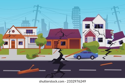 Scene with city after earthquake flat style, vector illustration. Broken buildings, cracks on asphalt and houses, fallen trees. Natural disaster, damage, destroyed city