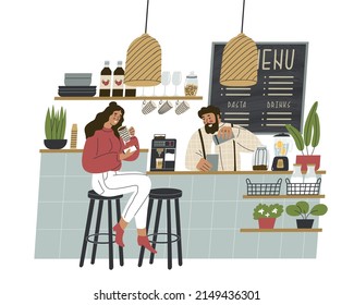 Scene in a city coffee shop. The girl drinks coffee and reads the news on the phone. The bartender mixes a cocktail. Cozy modern city cafe. Flat style in vector illustration.