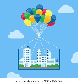 Scene of a city made up of buildings being taken to the skies by helium balloons. Conceptual vector illustration. Dream and fantasy context. 