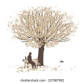 scene in a city park with trees and a man on a bench