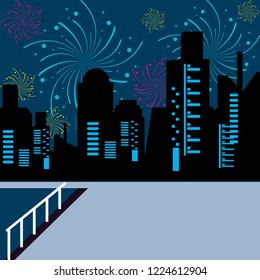 scene cityscape with fireworks