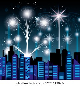 scene cityscape with fireworks