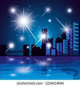 scene cityscape with fireworks