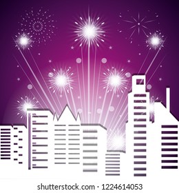 scene cityscape with fireworks