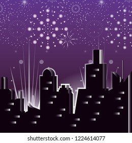scene cityscape with fireworks