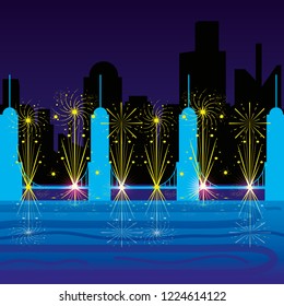 scene cityscape with fireworks