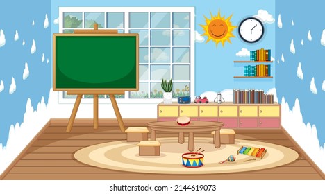 Scene of classroom with chalkboard and table illustration