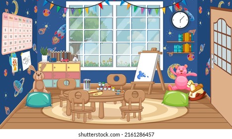 Escena de aula con ilustración de mesa y tablero